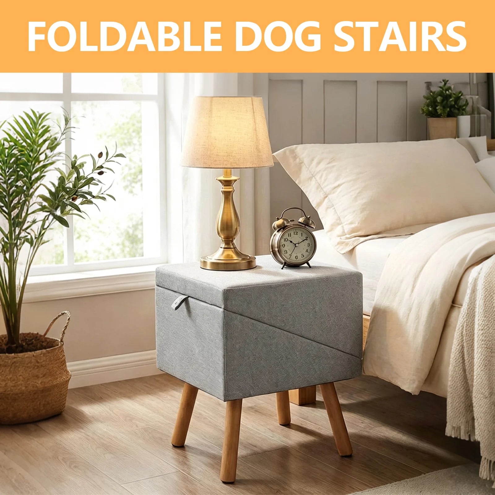 19.68" H 2-In-1 Foldable Wooden Dog Stairs & Ottoman for Couch/Bed, Non-Slip Pet Ramp/Steps with Joint Support for Small Medium Large Dogs Cats Puppy, Senior & Injured Pets, Space Saving Design