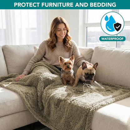 Fluffy Waterproof Reversible Sherpa Dog Blanket - Pee Proof Furniture Protector for Couch & Bed, Washable Cat Blanket for Small & Medium Pets (Taupe Camel, 24X32)