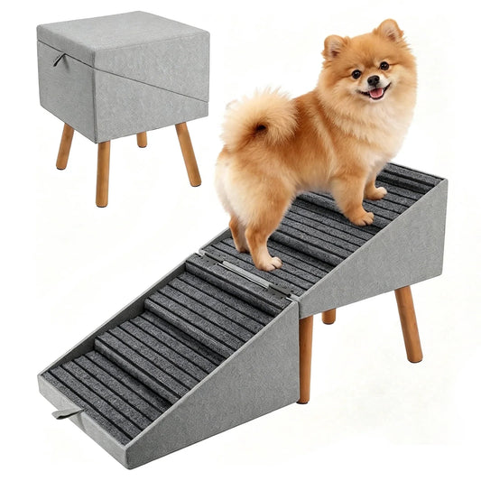 19.68" H 2-In-1 Foldable Wooden Dog Stairs & Ottoman for Couch/Bed, Non-Slip Pet Ramp/Steps with Joint Support for Small Medium Large Dogs Cats Puppy, Senior & Injured Pets, Space Saving Design