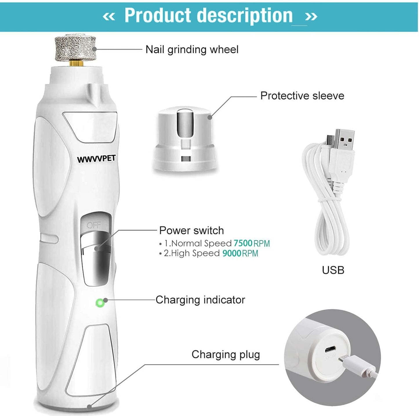 Ultimate Pet Nail Grinder with LED Light - 2-Speed, Low Noise, Painless Paw Care for Dogs & Cats, Includes 2 Grinding Heads