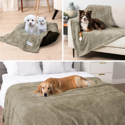 Fluffy Waterproof Reversible Sherpa Dog Blanket - Pee Proof Furniture Protector for Couch & Bed, Washable Cat Blanket for Small & Medium Pets (Taupe Camel, 24X32)