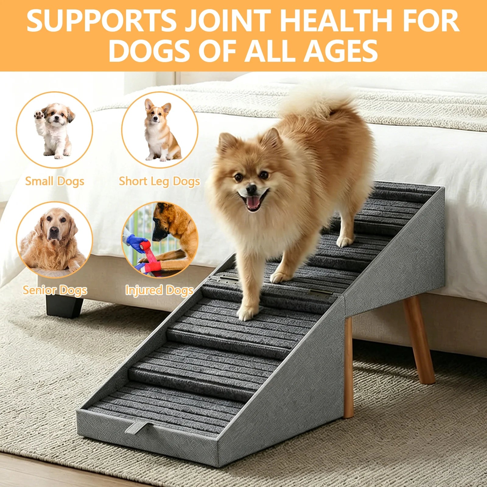 19.68" H 2-In-1 Foldable Wooden Dog Stairs & Ottoman for Couch/Bed, Non-Slip Pet Ramp/Steps with Joint Support for Small Medium Large Dogs Cats Puppy, Senior & Injured Pets, Space Saving Design