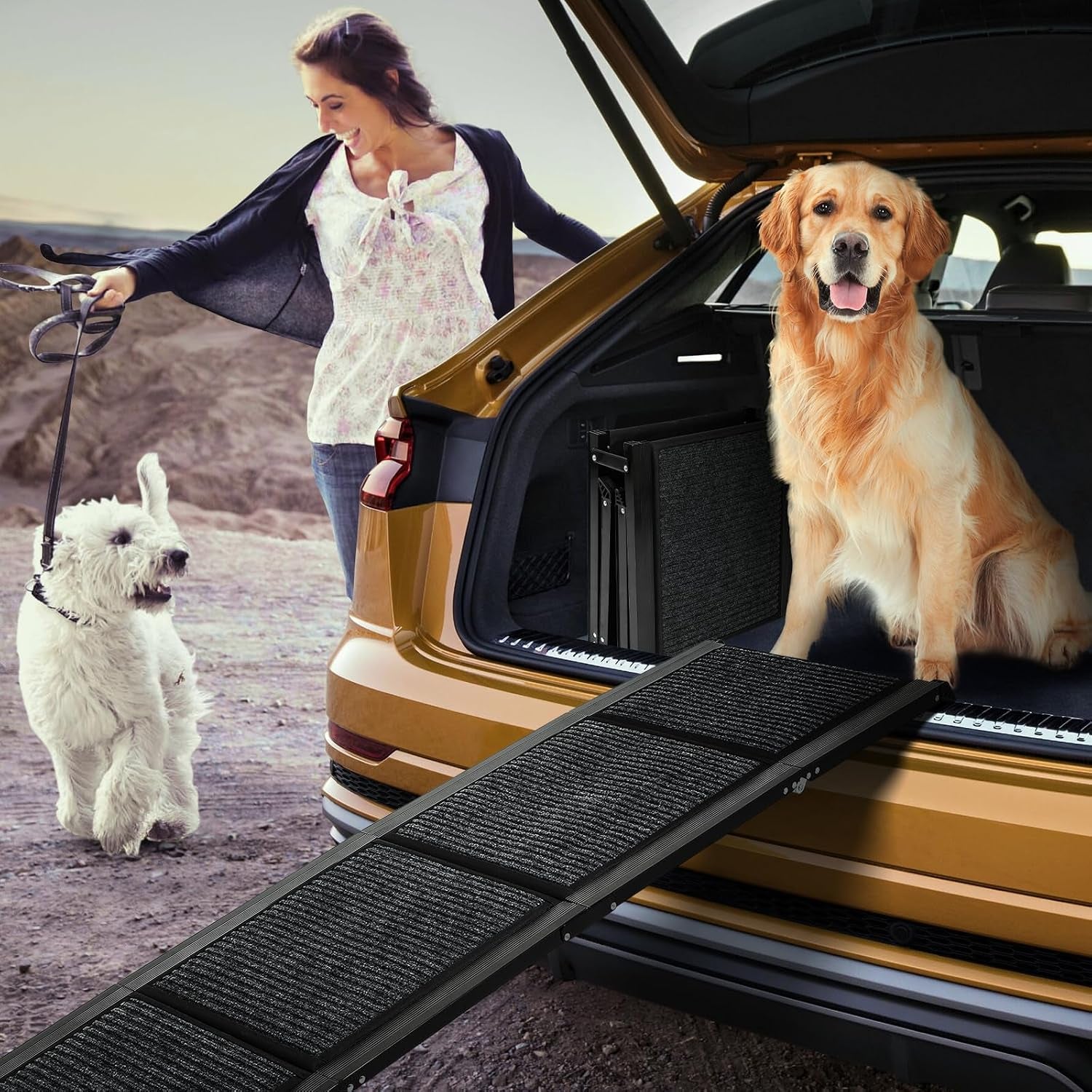 Dog Ramp for Car，63" X 17" Wide Folding Pet Ramp Dog Ramps for Medium & Large Dogs with Non-Slip Rug Surface ，Portable Dog Car Ramp for SUV Car & Truck, Outdoor Dog Ramp up to 250 LBS